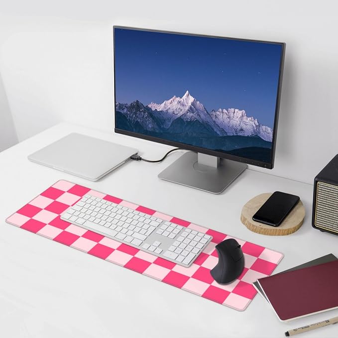 Pink Checkered Cute Gaming Mouse Pad, Large Mouse Pad for Desk Mat XXL XL Mousepad, Big Keyboard Pad Office Desk Accessories Decor