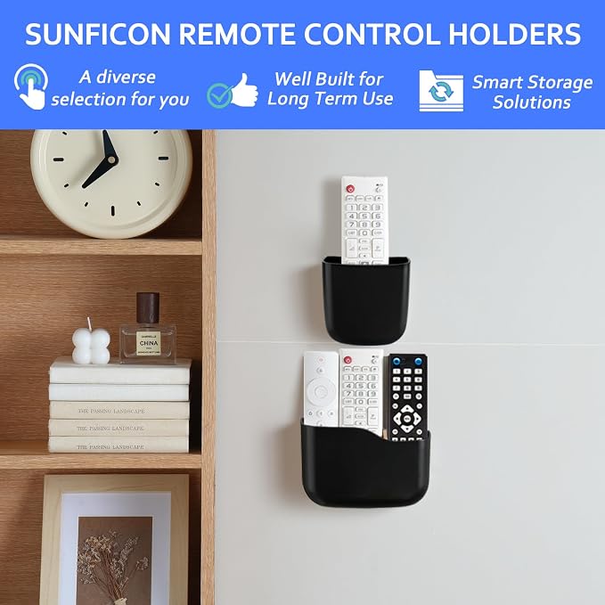 SUNFICON Wall Mount Remote Holder TV FAN Remote Control Holder Bedside Caddy Wall Organizer Phone Holder for Office Adhesive Media Player Controller Holder Box Tray Home Desk Nightstand Black 3PACK