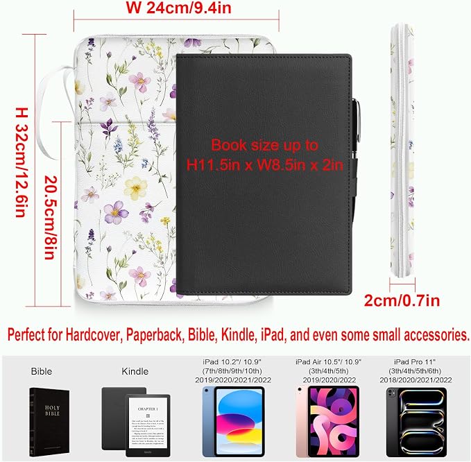 White Floral Bible Book Sleeve with Zipper,12"x 9" Padded Protector Washable Book Covers,Books Pouch with Handle Pockets,Travel Book Carrying Case for Books Lover Hardcover,Mother's Day Christmas Gift