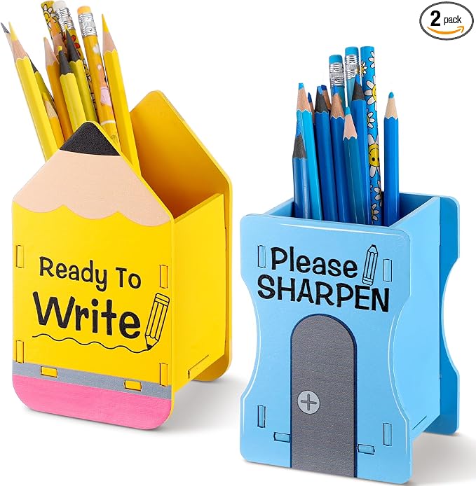 Sherr 2 Pcs Wood Pencil Holder Pencils and Sharpener Shaped Sharp and Dull Pen Holder Back to School Wooden Dispenser Storage Organizer for Classroom(Pencil and Sharpener,Yellow and Blue)