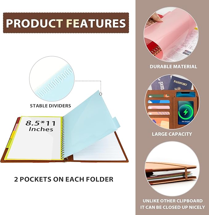 Ospelelf Clipboard with Storage for Men Women, Leather Padfolio Portfolio Organizer 5 Folders with 10 Pockets, Spiral Clipboard Folio with Notepad for Letter Size, Elastic Closure and Pen Loop Brown