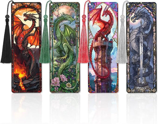 4 Pcs Stained Glass Dragon Bookmarks Gifts for Women Men, Transparent PVC Bookmark with Tassels, Cool Book Lovers Accessories, Unique Reading Book Marks for Bookish Office School