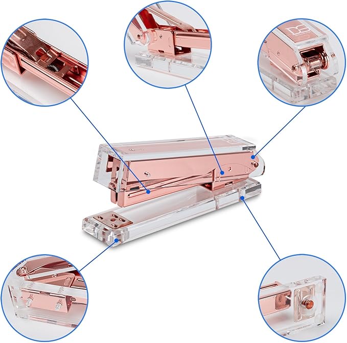 Rose Gold Desk Accessories Acrylic Stapler by DS DRAYMOND STORY - Full Sets Golden Desktop Stationery - Unique Gift Package