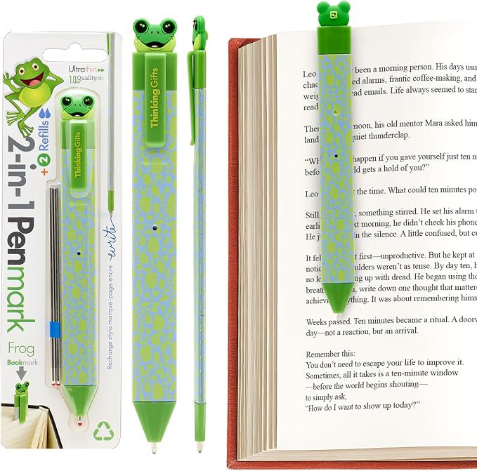 Gifts for Readers & Writers Pen Bookmark, Page Marker & Flat Writing Pen for Journal Notebook & Planner, Penmark Reading Accessory for Making Book Annotations, Frog