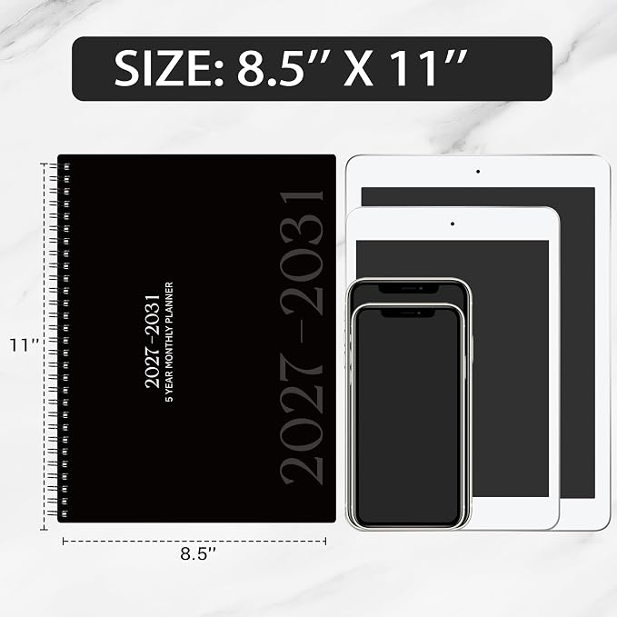 2027-2031 Monthly Planner/Calendar, JAN 2027 - DEC 2031, 5 Year Planner 27-31 with Tabs, Double-Side Pocket, 5 year planner 2027-2031 for Daily Organizing - Black（8.5" x 11"）