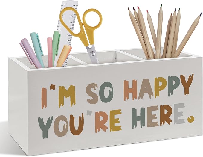 Boho Kids Classroom Pen Pencil Holder, Boho Classroom Decor, I'm So Happy You're Here Wooden Pen Pencil Organizer for Boys Girls Room Bedroom Playroom Desk Decor