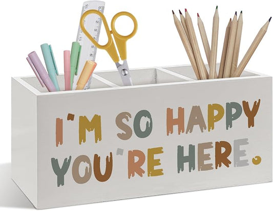Boho Kids Classroom Pen Pencil Holder, Boho Classroom Decor, I'm So Happy You're Here Wooden Pen Pencil Organizer for Boys Girls Room Bedroom Playroom Desk Decor