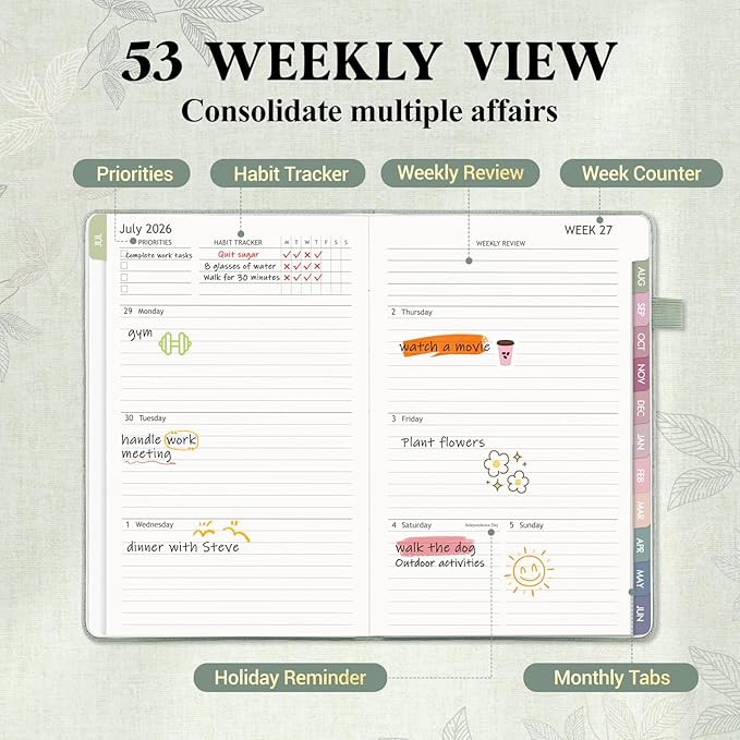 2026-2027 Planner Weekly and Monthly, Jul 2026 - Jun 2027, A5 Linen Cover Calendar Planner 2026-2027, Agenda Book with Colorful Monthly Tabs, Inner Pocket (5.8" x 8.3", Green)