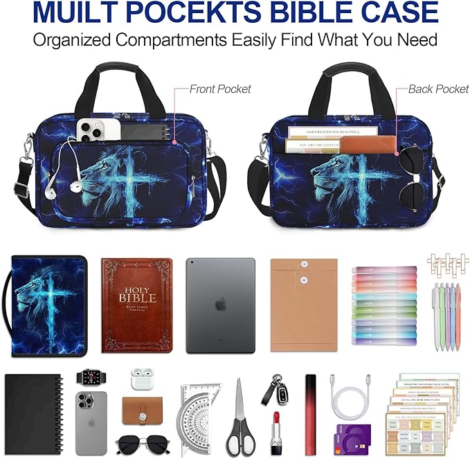 Lion Cross Large Bible Cover Case for Boys with Handle Zipper Pocket, Bible Study Supplies Journaling Kit Book Carrying Case with Pens Highlighters Cross Clips, Christian Gifts for Men Blue