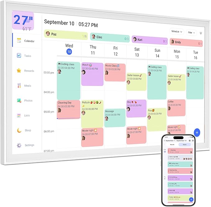 27 Inch Digital Calendar Max, Smart Chore Chart Electronic Weekly and Monthly Planner 1920 * 1080P IPS Display Wall Mount in Portrait or Landscape Schedules for Home and Office Gifts for Women