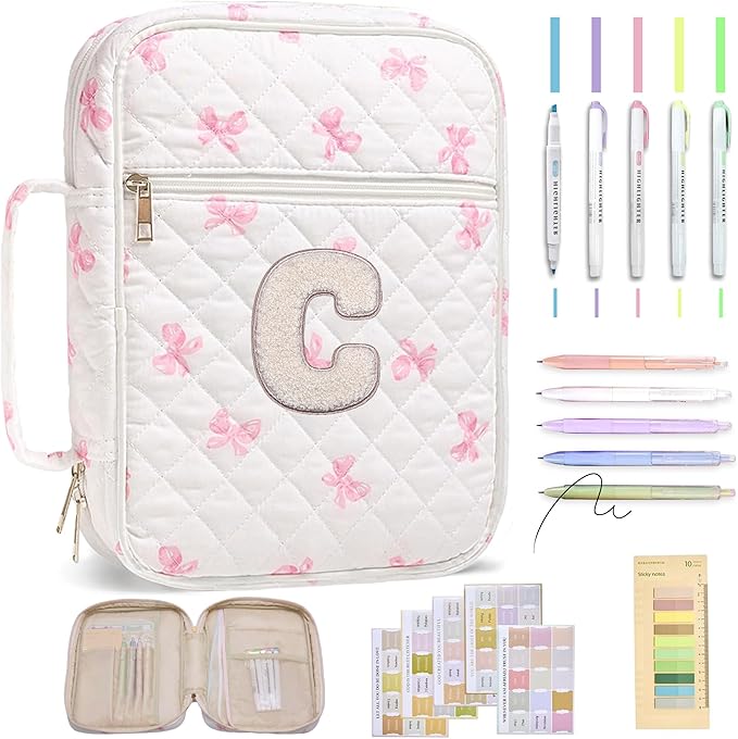 Personalized Initial Bible Cover Case for Women – Large Quilted Bible Bag with Handle, Chenille Letter, Bible Study Kit, Christian Gift for Mom, Grandma & Daughter (Pink Bow-C)