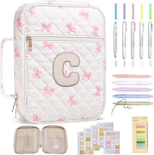 Personalized Initial Bible Cover Case for Women – Large Quilted Bible Bag with Handle, Chenille Letter, Bible Study Kit, Christian Gift for Mom, Grandma & Daughter (Pink Bow-C)