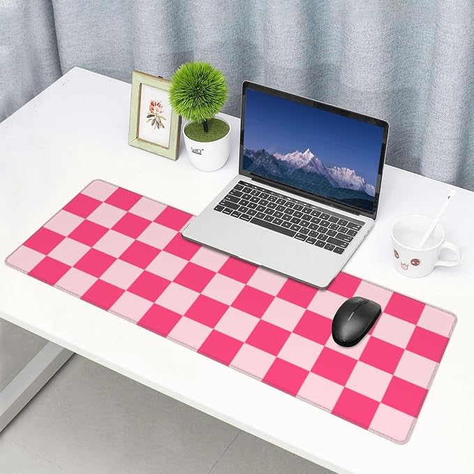 Pink Checkered Cute Gaming Mouse Pad, Large Mouse Pad for Desk Mat XXL XL Mousepad, Big Keyboard Pad Office Desk Accessories Decor