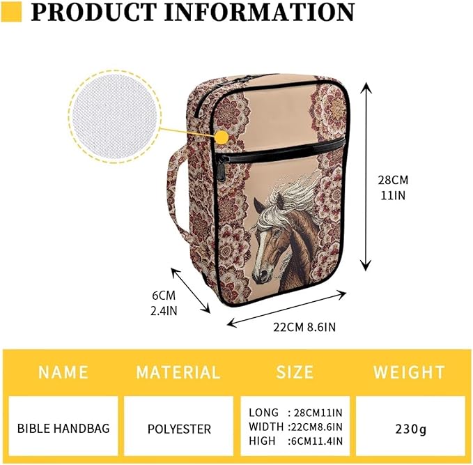 Suobstales Boho Mandala Horse Print Bible Cover Carrying Book Case for Women Men Lightweight Bible Bag Bible Protective with Handle and Zippered Pocket