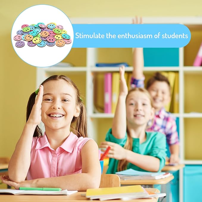 FYSUIMU 45 Pcs Glitter Smile Extra Tokens for Reward Jar Colorful Happy Face Wooden Cutouts Tokens with Linen Pocket for Back to School Classroom Student Teacher