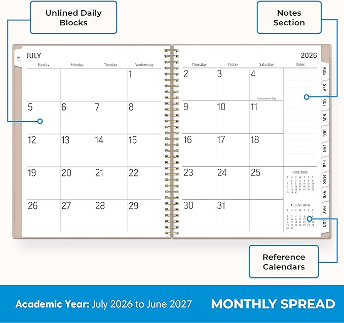 Blue Sky 2026-2027 Large Print Weekly and Monthly Academic Year Planner Calendar, July 2026 - June 2027, 8.5" x 11", Flexible Cover, Wirebound, Storage Pocket, Laminated Tabs, Sand