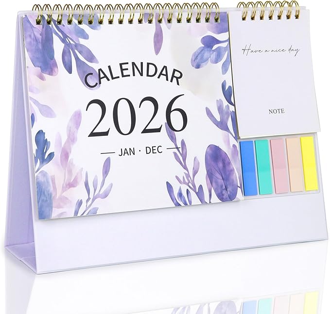 Desk Calendar 2026 Small Flip Calendar Standing Office Desktop - From Jan to Dec 2026, Small Desktop Monthly Calendar 2026 with Writing Notepads and Sticky Notes for Office Home, Purple