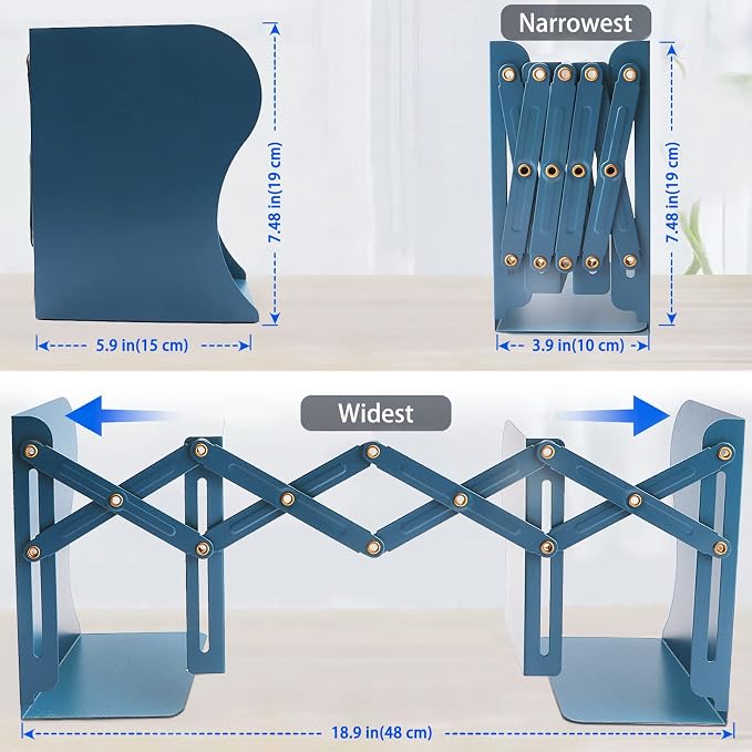 Non Skid Book Ends to Hold Books, Carooyac Heavy Duty Bookends Adjustable Book End, Metal Bookends for Shelves, Blue Book Holders Organizer for Bookshelf Desk - Extends up to 19"
