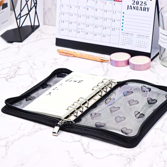 NatSumeBasics Black A6 Binder Zipper Cash Envelope Wallet 6 Ring Lace Zip Budget Binders Cover for Journaling Planner (Zipper Black, A6 Binder)