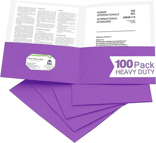 Zzrywuty 100 Packs Paper Purple Folders with Pockets for Students,Businessmen and Office Workers,Letter Size,Two Pocket Folders with Card Slot for Office,Business,School Supplies