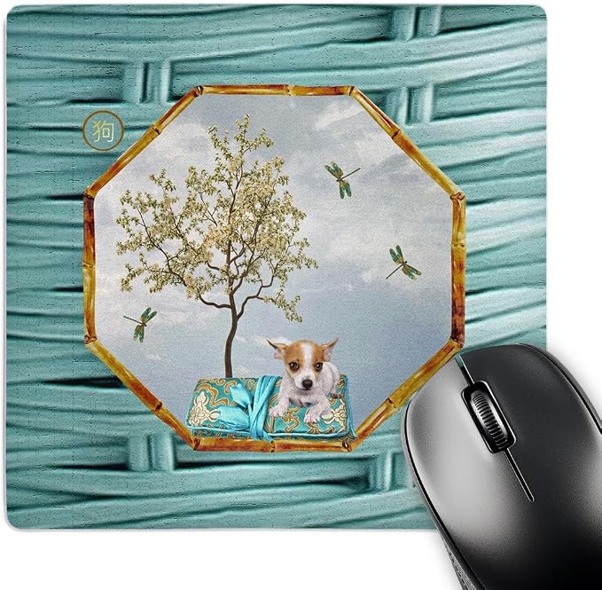 3dRose Mouse Pad Chihuahua, Pillow, Dragonflies, White Tree, Hexagon Design, Aqua Blue, 8 x 8" (mp_262898_1)