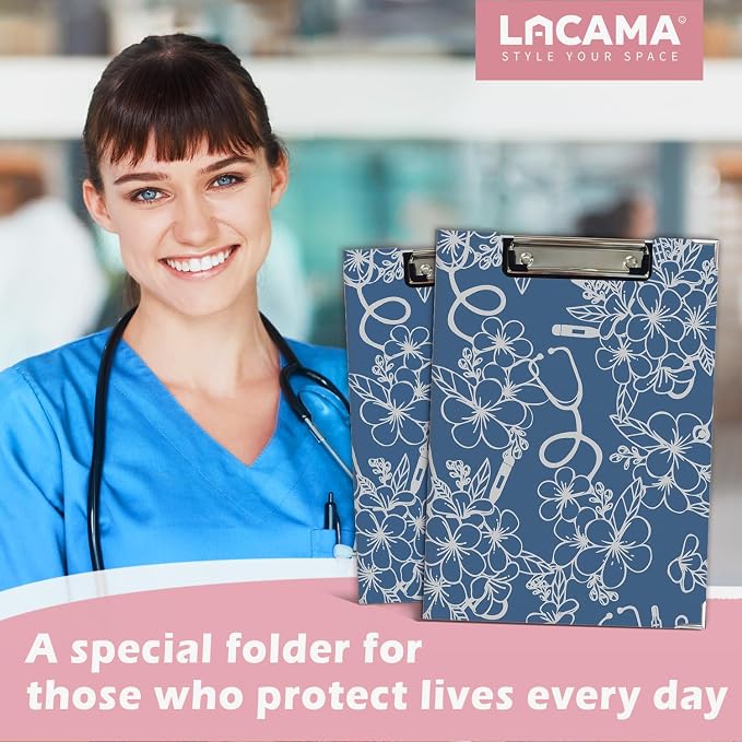 Lacama Nurse Clipboard with Storage for Office Classroom Desk, Blue Nurse Gift, Nursing School Office Supplies, Flower Stethoscope Project Folders with Metal Clip for Nurses Women, 12.4x9.25