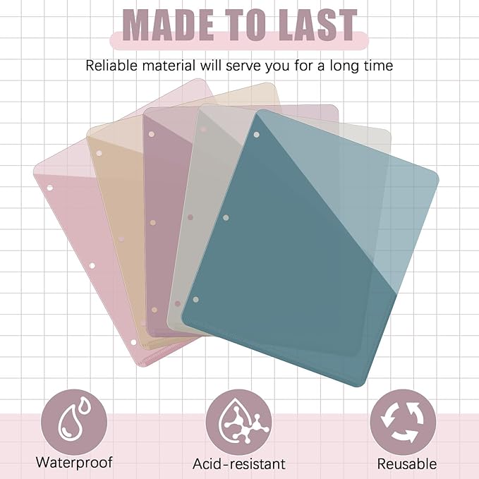 Maitys 50 Pack Binder Pockets 3 Hole Punch Clear Plastic Document Folders Binder Organizer Store Letter Size 8.5x11 Inch Paper Folders with Pockets Slash File Jacket for Office (Morandi Color)