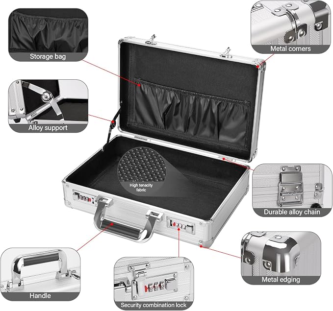 File Organizer Storage Box - 14.2 x 9.4 x 4.5 Inch Medium, Portable Locking Storage Totes with Dual Combination Locks for Passports, Medications and Small Personal Items- Silver