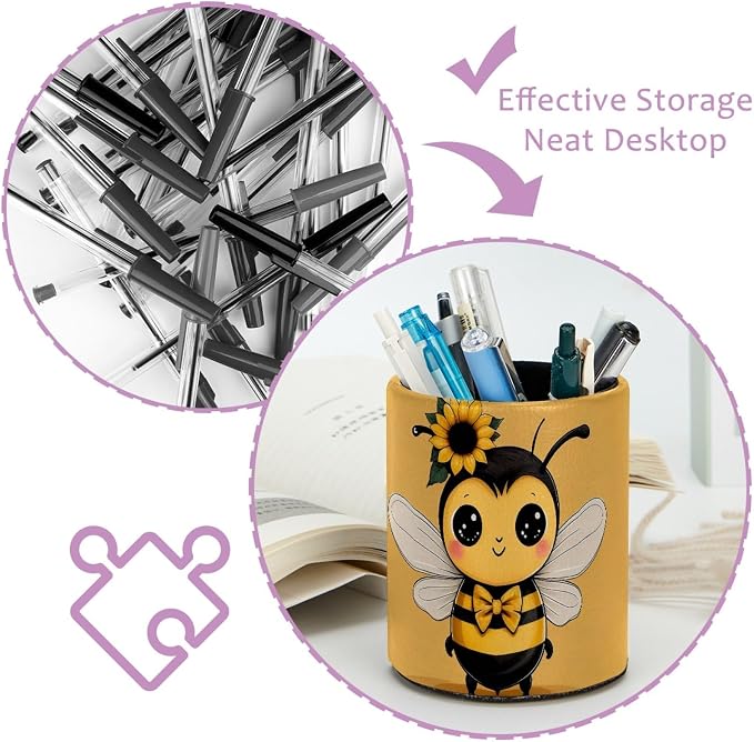 Bee Pen Holder Pencil Organizer Cute Pencil Cup Desk Decor Makeup Brush Holder PU Multifunctional Office Supplies for Home Classroom School