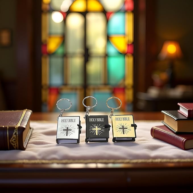 Jowxsx 3 Pcs Bible Keychain,Miniature Real Bible Key Chains Keyrings Handbag Pendant Xmas Gift Religious Favors Black Silver Gold Bible Covers, Book and Bible Covers