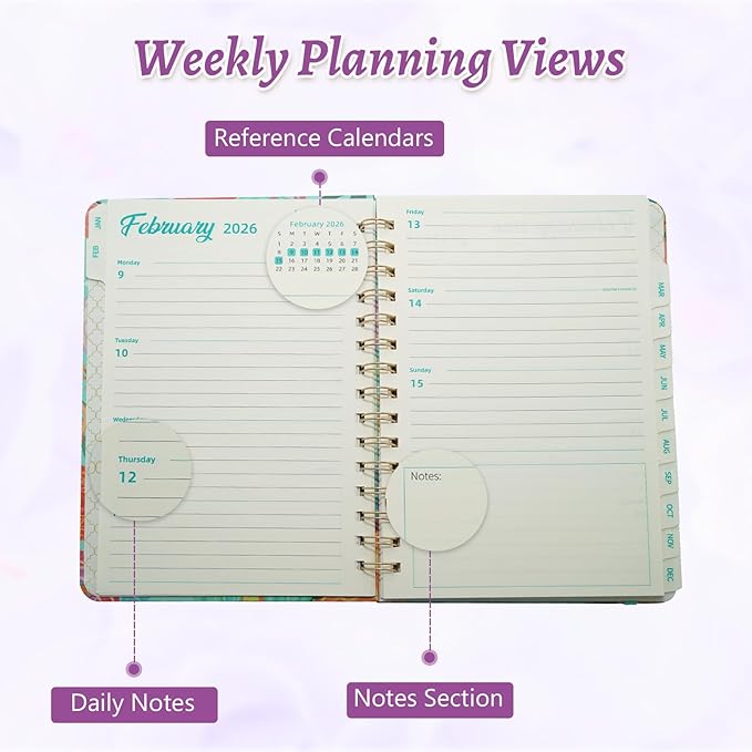 2026 Planner, Weekly and Monthly Calendar Planner for Women, Jan 2026 - Dec 2026, Hardcover Planning Agenda book with Tabs, Spiral Bound, Inner Pocket, Perfect for School Office Supplies, 8.4" x 6.3" (Green)