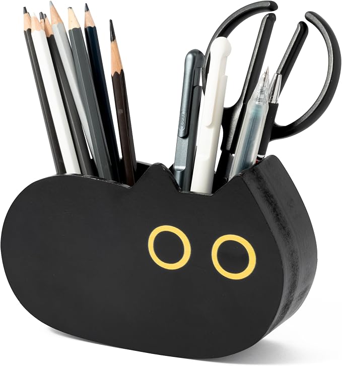 MALLMALL6 Black Cat Pencil Holder - Back to School Wooden Pen Holder, 2 Compartments Kitten Shaped Caddy Case Gifts for Kid Students Pet Lover, Desktop Storage Organizer for Classroom Office Decor