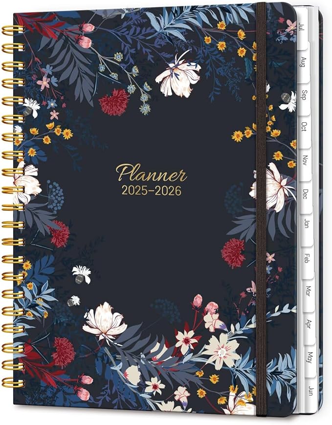 Lonely Oak Academic Planner 2025-2026, Daily Weekly and Monthly Calendar Planner 8.5" x 11" with Tabs, Spiral School Year A4 Agenda from JUL.2025 to JUN.2026 for Student and Teacher (Black Bloss)