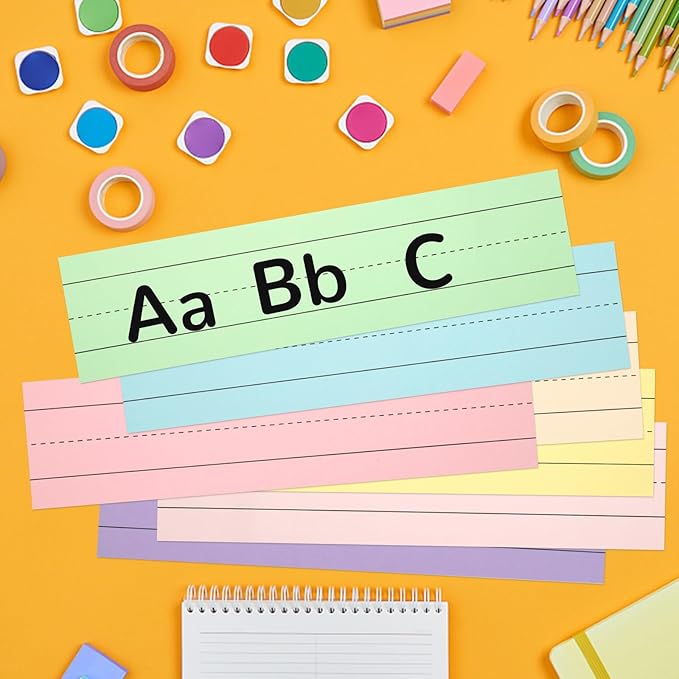 112 Sheets Pastel Sentence Strips, 92LB/250gsm Cardstock Ruled Colored Sentence Learning Strips for Teachers, Classrooms, School Offices Supplies (7 Assorted Colors, 12” x 3”)