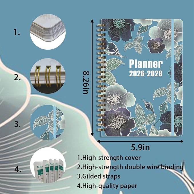 2026-2028 Planner, Three-Year Planner, Daily Plan and Monthly Plan Book, Bound with Iron Circle, A5 (8.26 "x 5.9") (Blue)