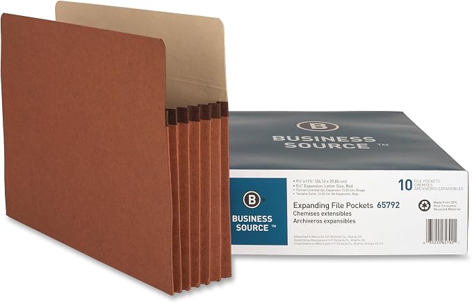 Business Source, BSN65792, Redrope Letter Expanding File Pockets, 10 / Box, Redrope