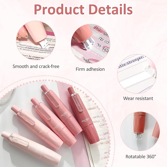 5 Pcs Retractable Pink Correction Tape,Refillable Press Type Correction Tape Pen,Pink Corrector Tapes With 5 Extra Refills Corrections Tapes Pen,for Men and Women Office Supplies Correctors Tapes