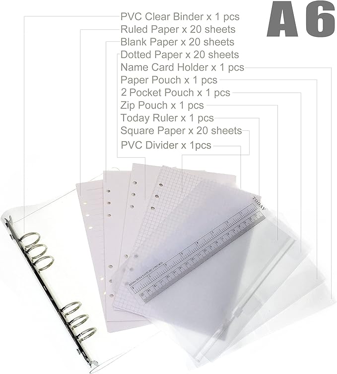 A6 A5 6-Holes Colorful PVC Cover Personal Organizer with Snap Button Closure File Folder for Loose Leaf Sheet Notebook (Snow White, A6 Combo)