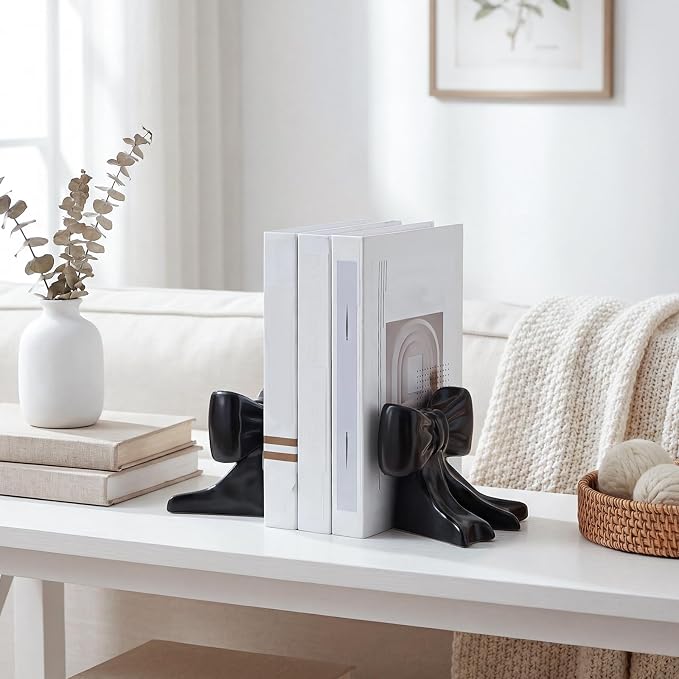 Leinuosen 2 Pcs Black Bow Bookends Ceramic Cute Book Ends Decorative Book Stand Bow Sculpture Statues Tabletop Shelf Bookstopper Room Decor for Home Office School Dorm Girl Desk