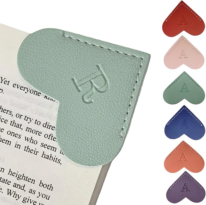 Personalized Leather Heart Bookmarks with Initials, 26 Letters Custom Corner Book Mark for Reading Women,Teacher, Student, Book Lovers Book Marker, Meaningful Gifts (Dark Blue+Light Green,R)