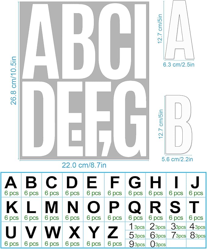 Bemeol 30 Sheets Large Letter Sickers 5 inch Vinyl Letter Alphabet Number Stickers for Bulletin Board Classroom Mailbox Home Decor(White)