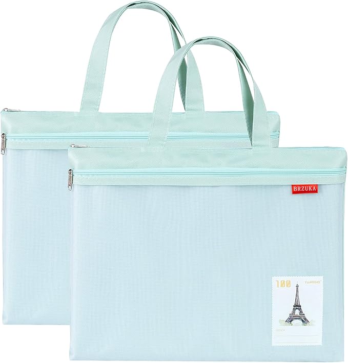 Mesh Zipper Pouch 11x13.7 in, A4 Double Pocket Waterproof File Bag with Handle, Document Storage for School/Travel/Office/Puzzle (Green, 2pcs)