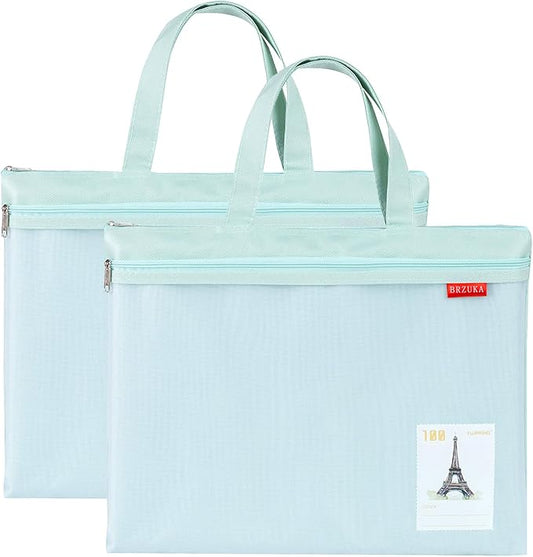 Mesh Zipper Pouch 11x13.7 in, A4 Double Pocket Waterproof File Bag with Handle, Document Storage for School/Travel/Office/Puzzle (Green, 2pcs)