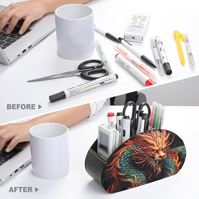Chinese Dragon TV Remote Control Holder PU Leather Storage Caddy Box 5 Compartments Multi-functional Desktop Organizer Store for Brush Office Supplies Pen Glasses