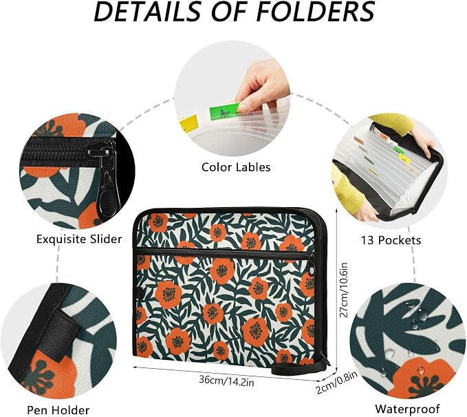 Retro Red Poppies 13 Pockets Expanding File Folder with Sticky Labels Accordion File Folder Document Organizer Letter Size A4 Papers Expandable File Keeper
