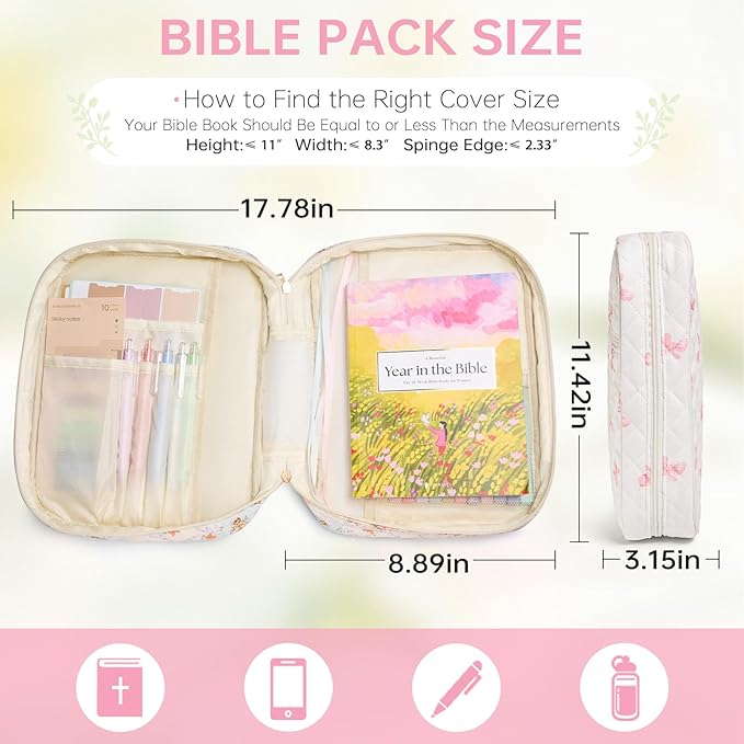 Bible Cover Case for Women Large Bible Cover with Durable Handle Quilted Bible Carrying Case for Girls Bible Study Supplies Accessories (Pink Bow, Pink Bow)
