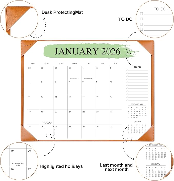 Desk Calendar 2026-2027 with Desktop Mat – 18-Month Desktop Calendar from Jan 2026 to Jun 2027, for Office, School & Home Use – Large Teacher Desk Calendar 22x17 (Brown)