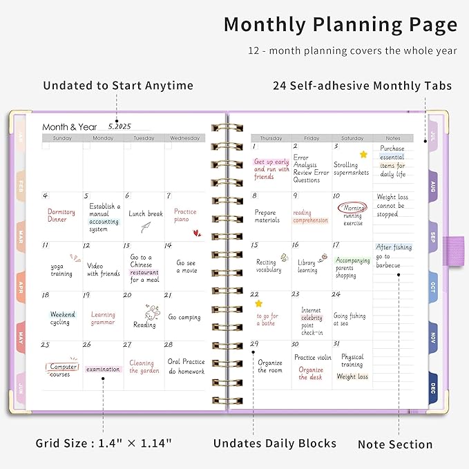 RETTACY Undated Planner, Weekly and Monthly, 53 Weeks and 12 Months, Medium Size (5.7" x 8.3"), 24 Self-adhesive Monthly Tabs, Hardcover, 100 GSM Thick Paper, Spiral-bound (Lilac)
