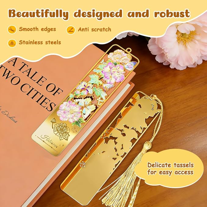 3pcs Metal Flower Bookmarks with Tassel, Hollow Butterfly Theme Book Marks for Reading Women, Cute Book Markers for Book Lovers Writers Readers Children Teens Women Teachers Students (Style A)