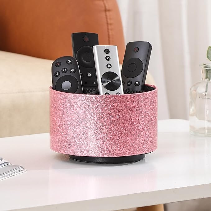 Remote Holder, PU Leather 360 Degree Rotating Desktop Organizer with 4 Compartments, Makeup Brush Holder Organizer for Vanity Desk, Bling Pink PH102